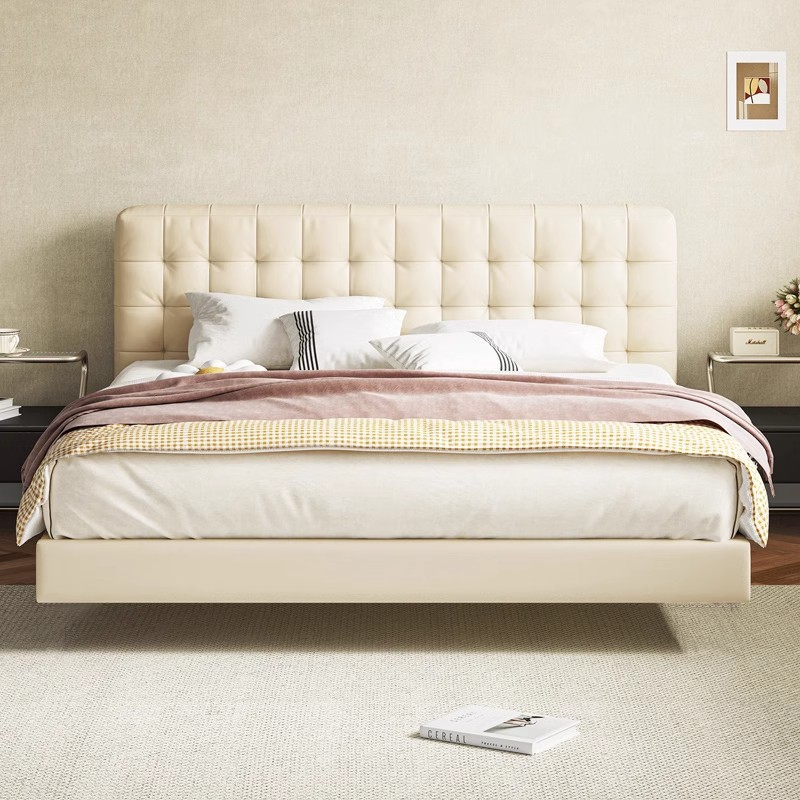 Cama flotante japonesa nórdica Cama de madera maciza con cama doble Cama principal simple 1.8m Cama de matrimonio Cama de contraposal suave Cama de viento crema