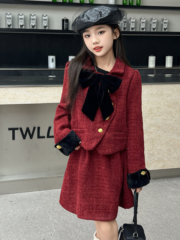 女大童时尚小香风套装2025秋冬季新款洋气女孩加厚红色两件套潮款|undefined