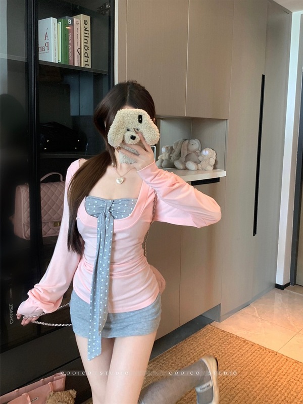 纯欲风波点绑带抹胸背心叠穿长袖T恤女秋季套装包臀半身裙三件套|undefined