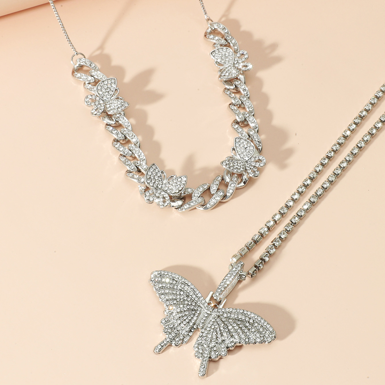 Layered Butterfly Necklace Set With Diamonds Cuban Chain Style_voghion.com