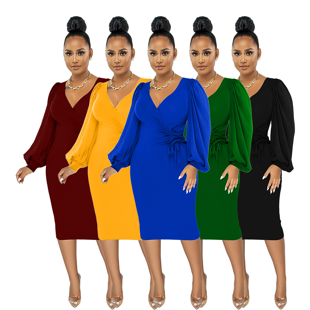 Fashion Solid Color V Neck Long Sleeve Zipper Polyester Midi Dress Regular Dress display picture 5