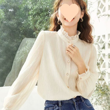 秋冬季新款女装加绒加厚立体压花单排扣木耳边立领衬衫时尚热卖