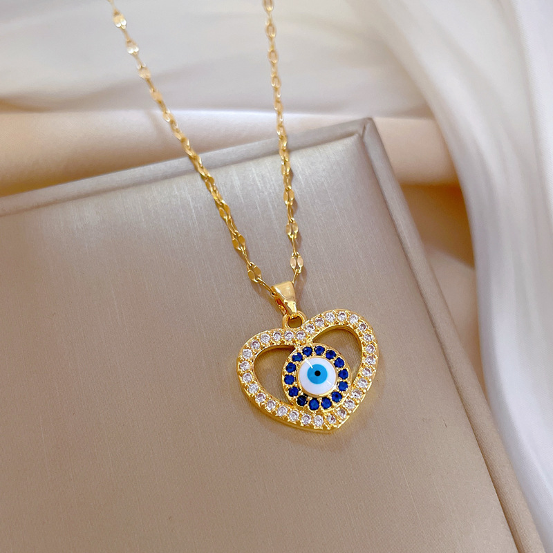 Pendant Necklace Classification Titanium Steel Chain Material Retro Devil's Eye Heart Shape Titanium Steel Copper Inlay Artificial Gemstones Pendant Necklace