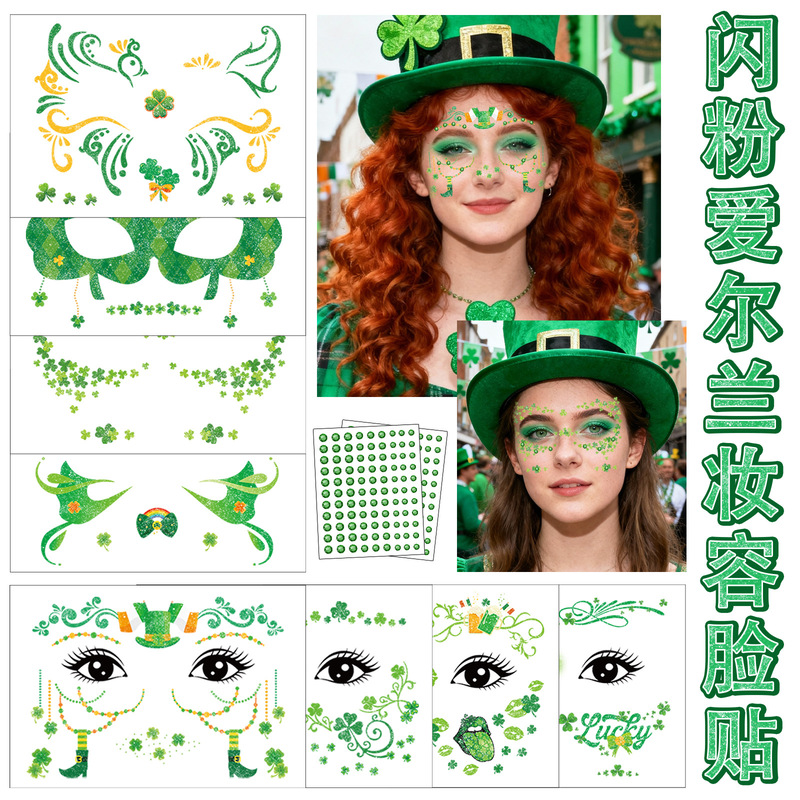 Cross-Border New St. Patrick's Day Makeup Face Stickers Irish Carnival Party Party Clover Tattoo Stickers