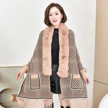 直播热卖毛领保暖长袖披肩流苏针织斗篷女空调口袋加厚披巾poncho