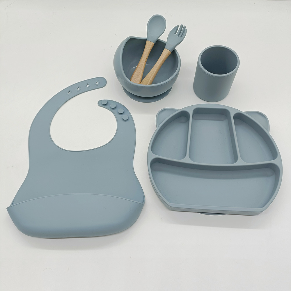 90克锁边围兜+熊猫分格餐盘+木柄叉勺+蜗牛碗+直筒杯 12 一体式儿童餐具套装