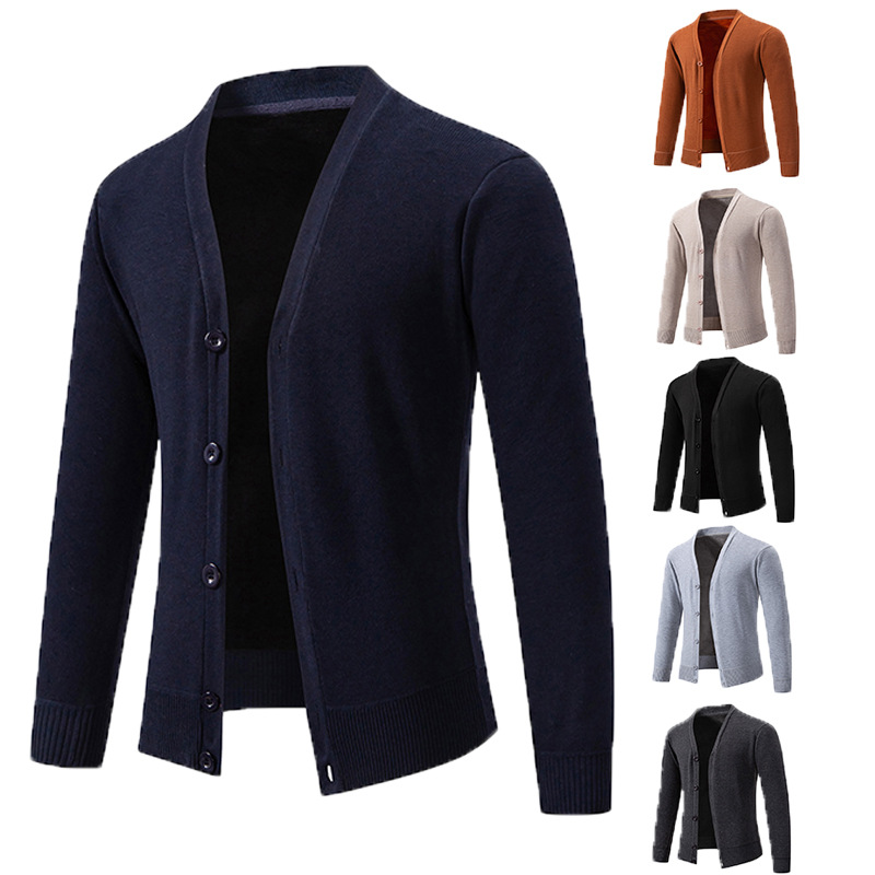 Autumn and winter foreign trade new men's casual V-neck sweater coat Korean handsome solid color fleece-lined warm men's sweater