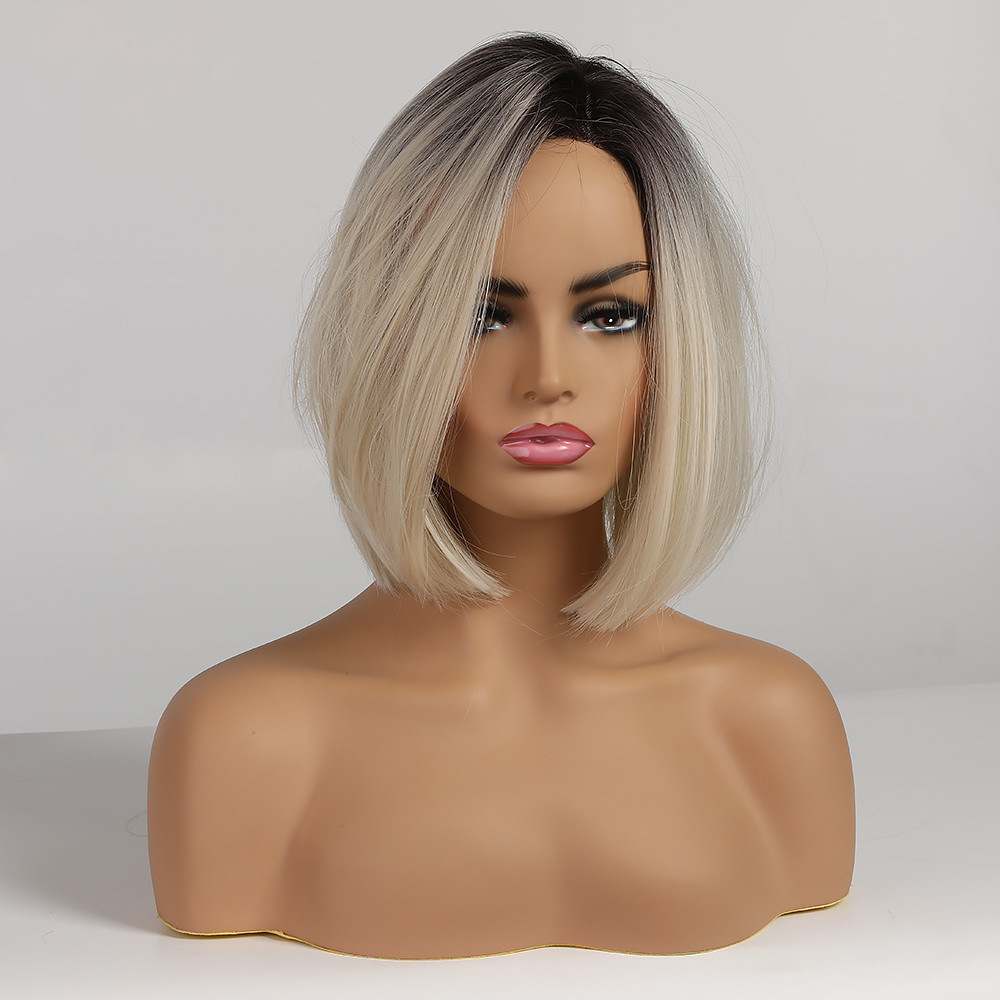 Pelucas de estilo europeo y americano con degradado de color blanco dorado en la parte superior, cabello corto y liso con raya lateral, pelucas sintéticas de estilo bobo para toda la cabeza. image 3
