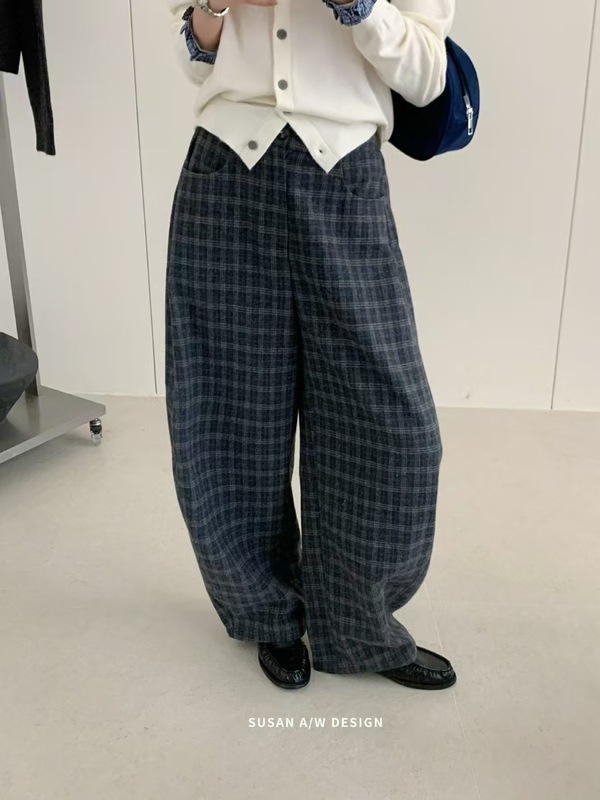 苏珊 2025秋季新款韩系百搭格子慵懒风阔腿裤休闲弯刀裤女DS292|undefined