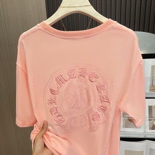 Real shot 21 210g combed cotton summer pink Sanskrit text embroidery short sleeve T-shirt men's and women's loose couples T-shirt