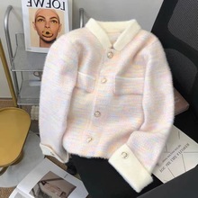 仿水貂绒高级感小香风开衫女春秋polo领加厚毛衣外套气质针织上衣