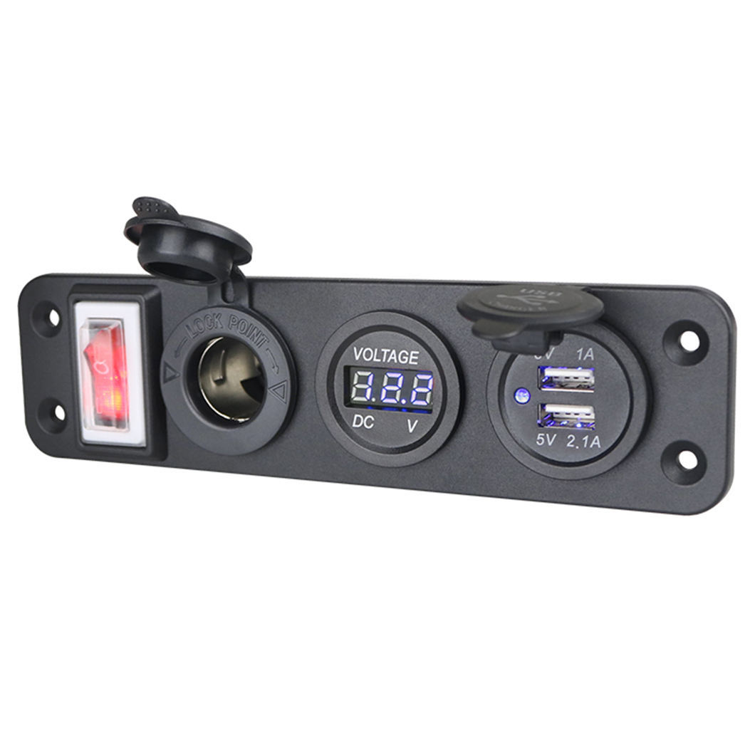 Cross-Border Car Charger with Switch, New 4-Port Panel Female Socket, Dual USB Phone Charging Dock, USB Charging Plug