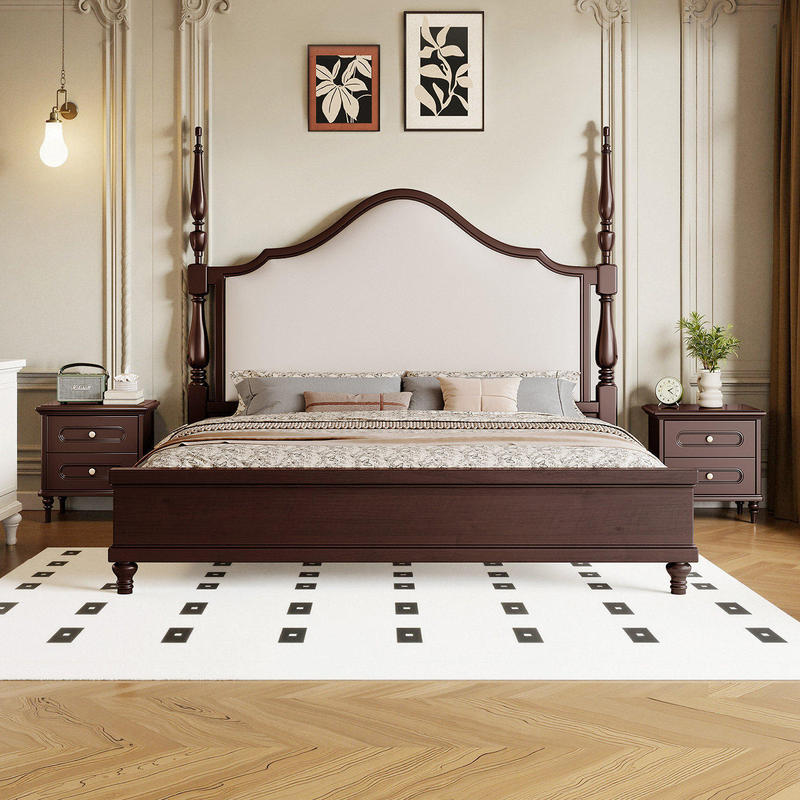 French-Style Vintage Solid Wood Bed, Antique-Style Double Bed, Master Bedroom Upholstered Storage Bed 1 8m American Style Wedding Bed