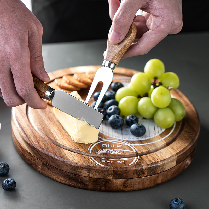 Placa de comedor transfronteriza Placa de queso Placa de mesa para acampar Cuchillo de mantequilla Tablero de cortar de comida occidental de acacia Tablero de queso de bistec redondo de madera