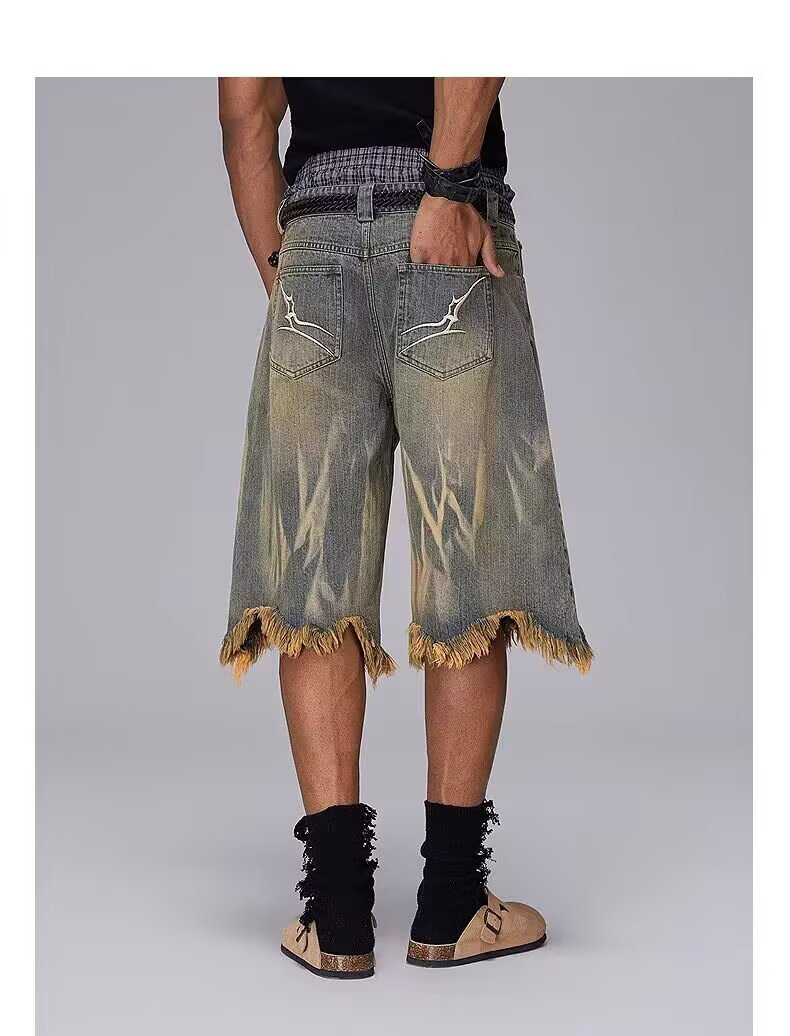 Men's And Women's Trendy Brand Dyed Yellow Mud Washed Distressed Denim Shorts Loose Five Point Style_mkmklike.com