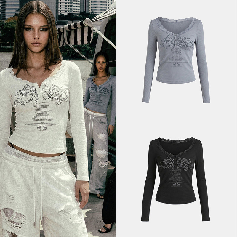 Badblood Bcac Series American Style Spicy Retro Long-Sleeved T-Shirt for Women with Lace Splicing V-Neck Slim Fit Sexy Print