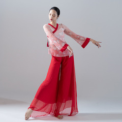 2022 Classical Dance Costume Eastern Dance Floral Print Polka Dot Medium-Sleeve Summer Dual-Color Flowy Wide-Leg Pants Loose Set