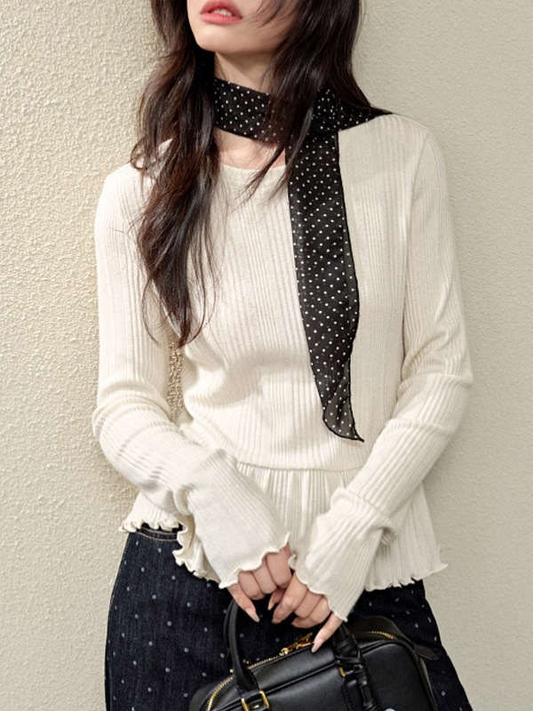杏色长袖T恤女2025秋季新款显瘦内搭打底衫修身上衣荷叶边春|undefined