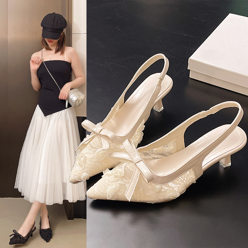 2025 Autumn New French Style Thin Heel Mid-Heel Closed-Toe Sandals Women, Korean Version Bowknot, Suitable For Pairing_vogvips.com