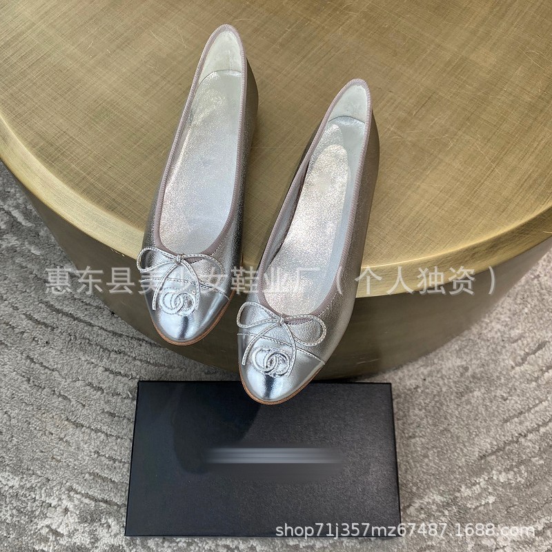 高版C小香风平底真皮单鞋2025浅口舒适圆头拼色蝴蝶结芭蕾舞鞋女|undefined