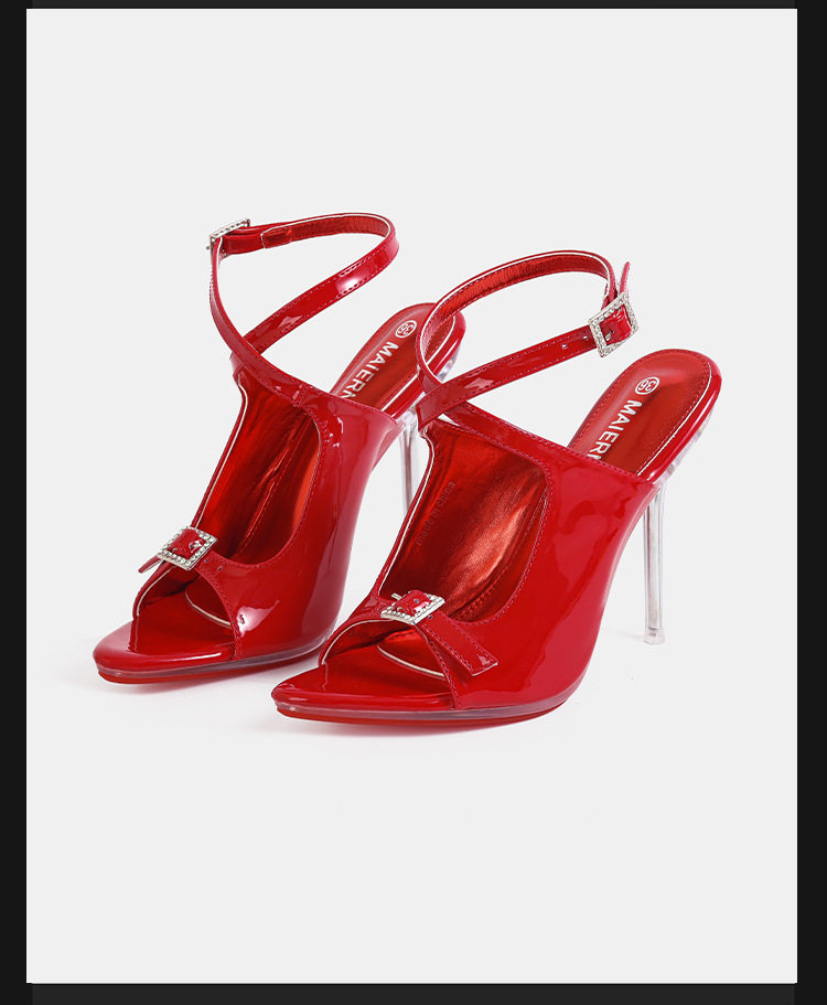 Giày sandal cao gót nữ mũi nhọn da bóng quai ngang khóa cài gót siêu cao — Màu be, Màu bạc, Màu trắng, Màu tím chi tiết 19