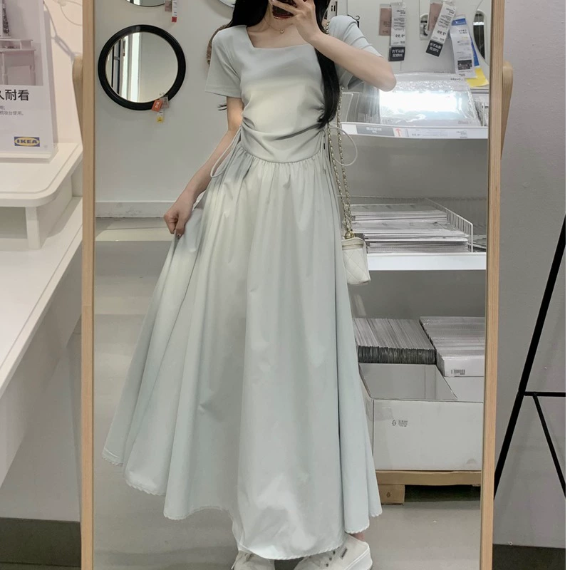 Женское летнее новое платье больших размеров с квадратным вырезом и короткими рукавами, грушевидной фигуры, длинная юбка на шнурке, закрывающая талию, мм