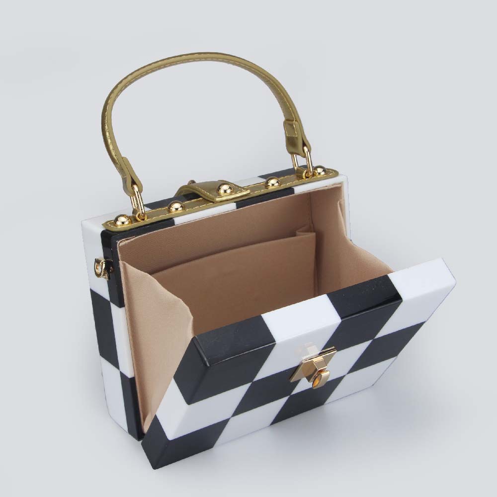 Trendy Korean-Inspired Checkerboard Acrylic Box Bag – Versatile Shoulder & Crossbody Clutch With Lock Closure_voghion.com