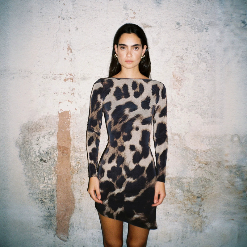 Women's Summer High-End Light Luxury Animal Print Dress, Slim Fit, Waist-Cinching, Long-Sleeved, Sexy Style, Bodycon Short Dress