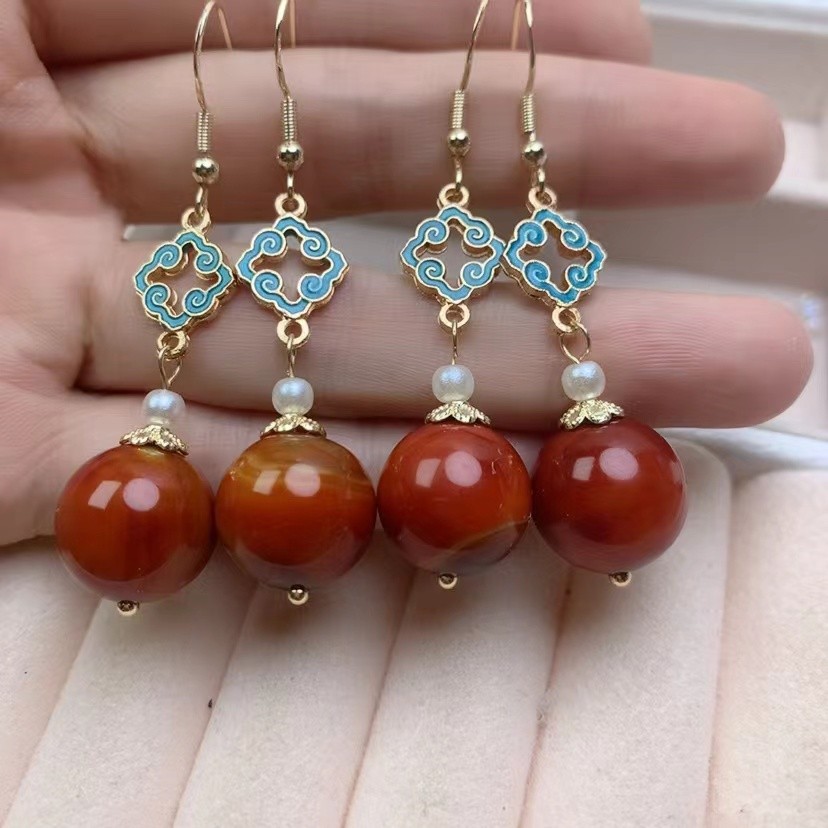 민족 한후 액세서리 귀 보석 고대 의류 자연 전쟁 국가 붉은 마노 수제 귀걸이 레트로 청삼 귀걸이