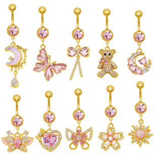 Gatte European and American Cross-border Bear Piercing Belly Button Ring Moon Butterfly Umbilical Nail Umbilical Ring Piercing Jewelry Factory Straight Hair