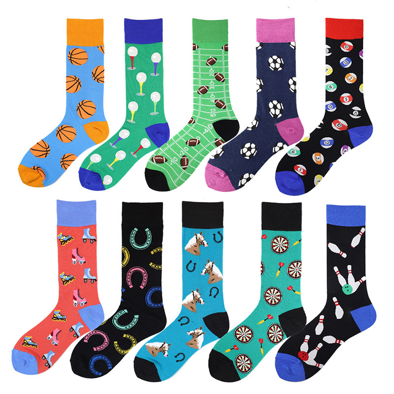 Cross-Border Trade Sports Socks with Football, Basketball, Bowling, Billiards, Equestrian, Horseshoe, and Ice Skate Patterns for Men and Women