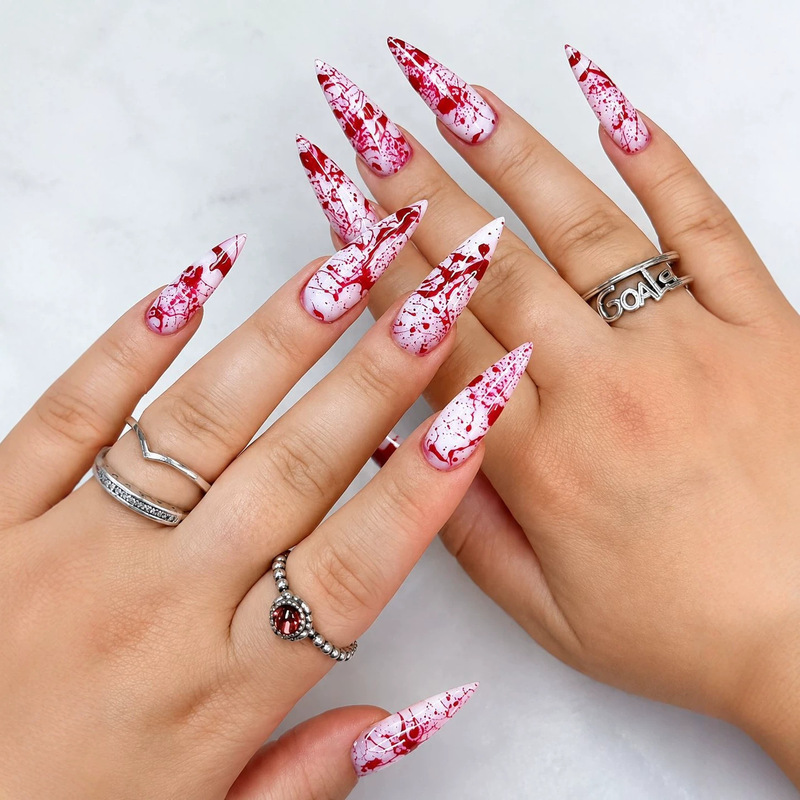 European and American cross-border Halloween press-on nails, French manicure, long pointed nail tips, blood drop design, holiday atmosphere fake nails