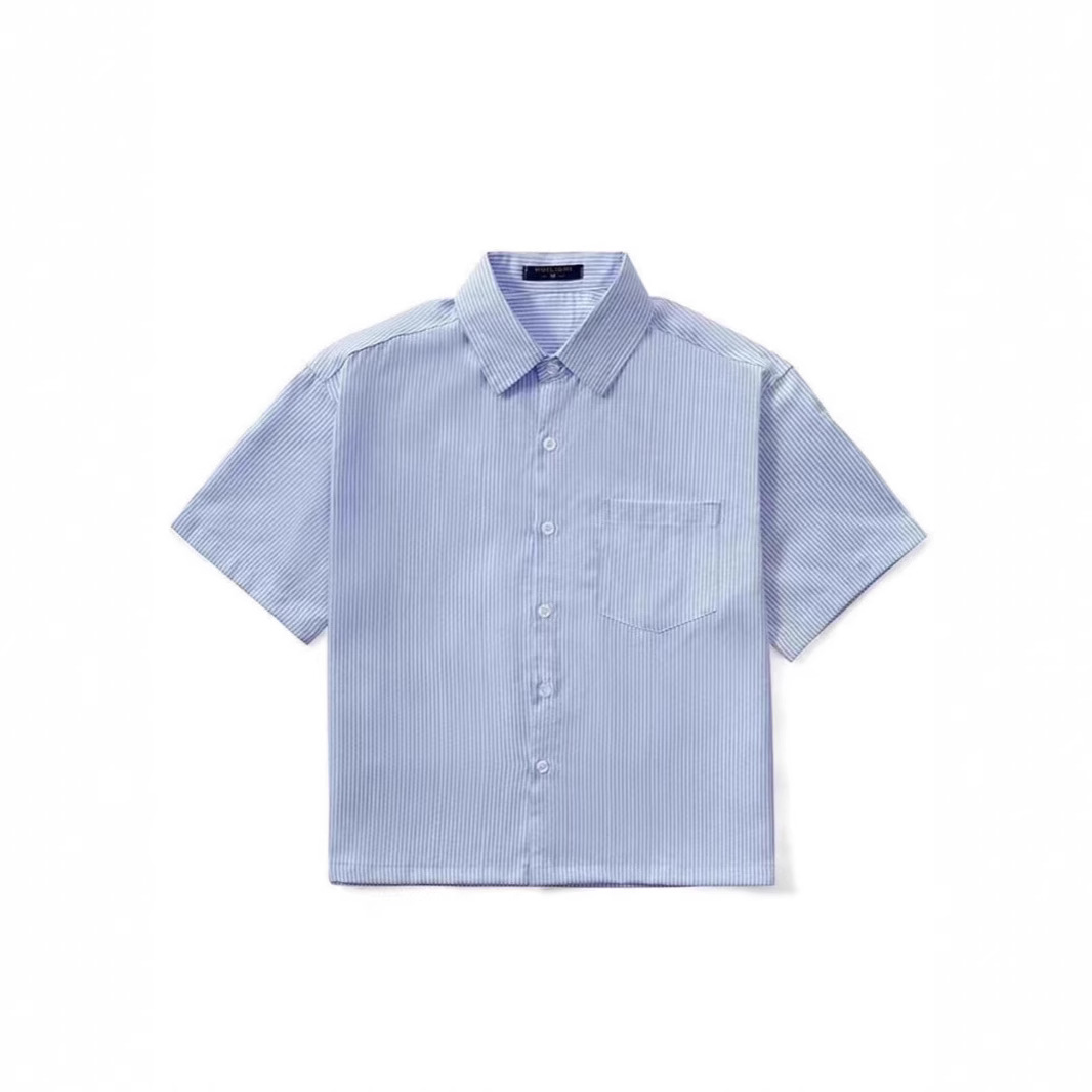 Commercio estero transfrontaliero europeo americano e camicie da donna camicia corta a righe blu estiva camicia da uomo a mezza manica_voghion.com