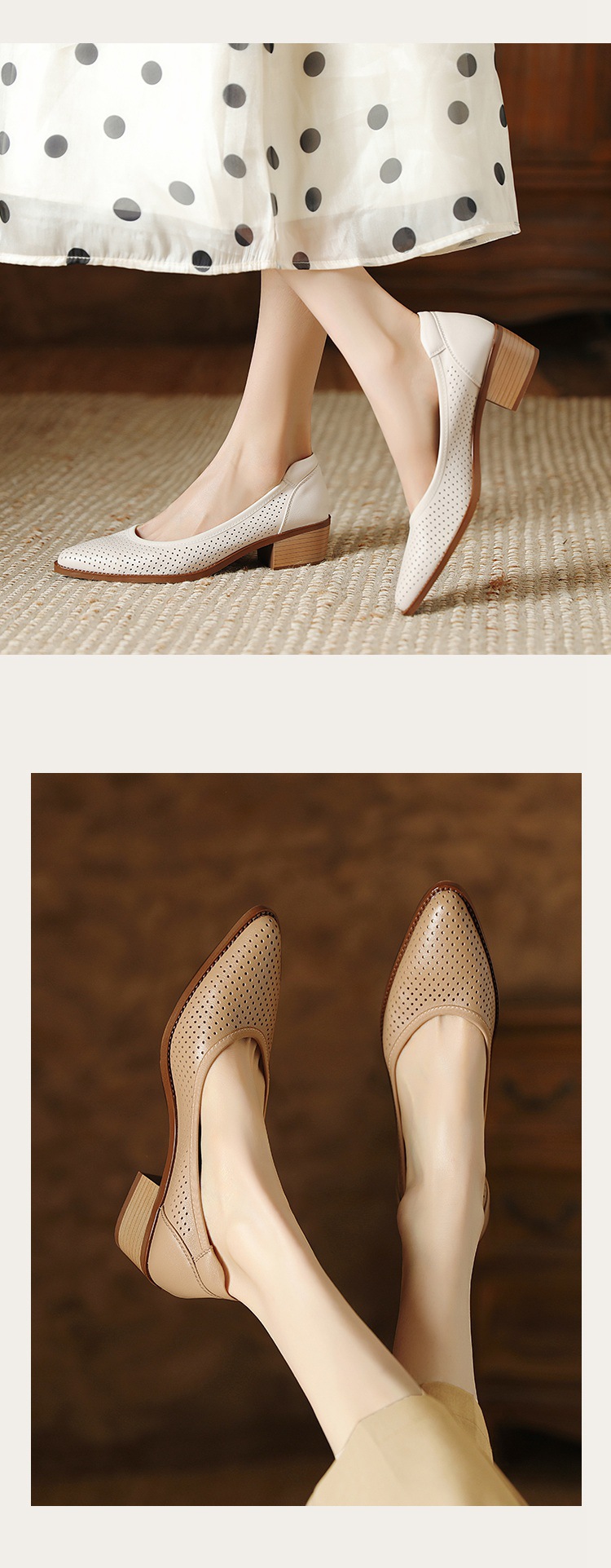Sandal nữ da bò lỗ lưới miệng nông gót vừa — Màu trắng be chi tiết 10