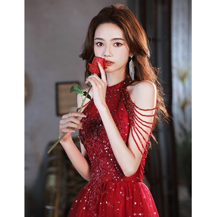 Toast Wear Bride 2025 New Wedding Burgundy Halter Sexy High-End Evening Dress Women's High-End Gauze Skirt