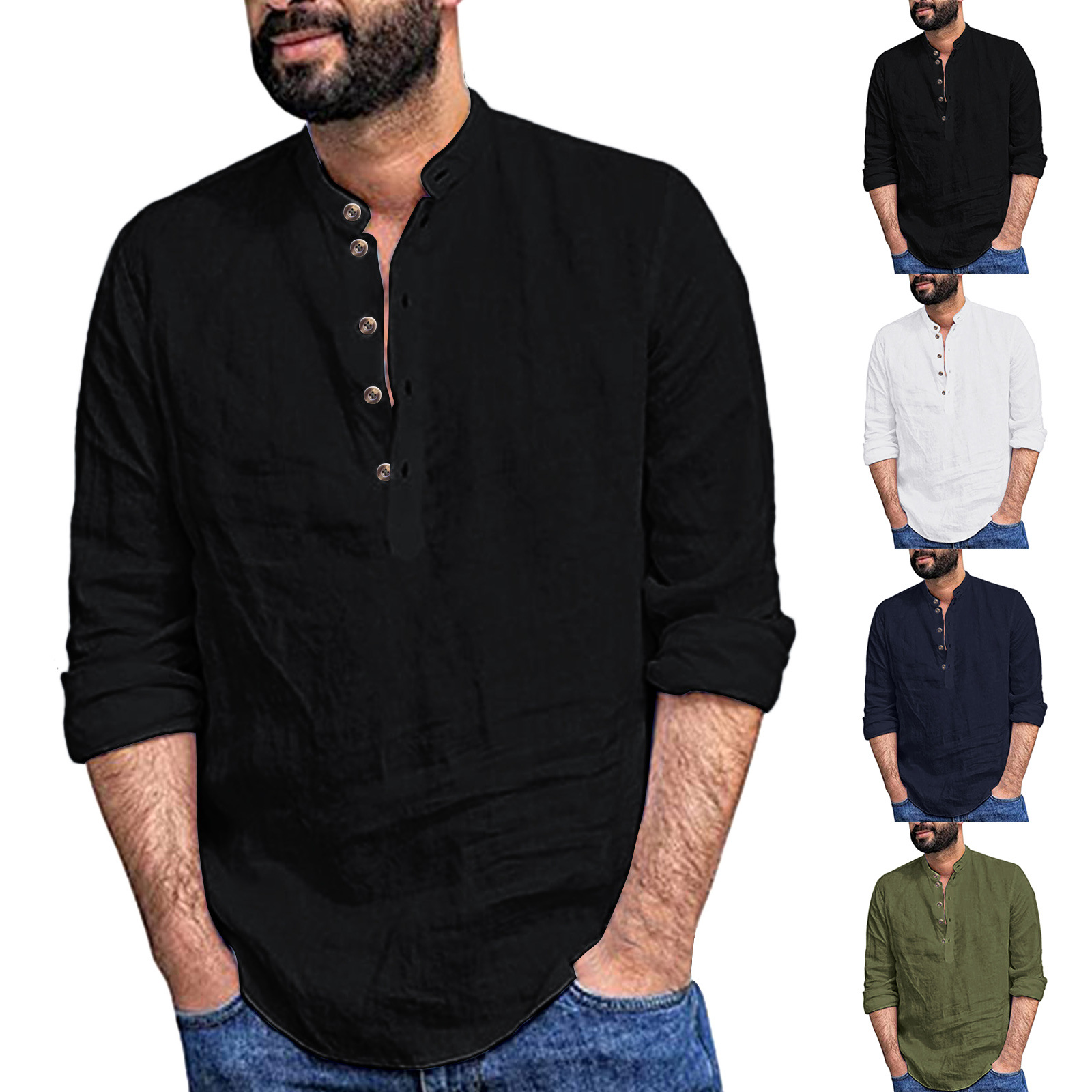 Camisa suelta casual transfronteriza para hombres Cuello alto de moda para hombres Algodón y lino de manga larga Color independiente en stock Estación 2022
