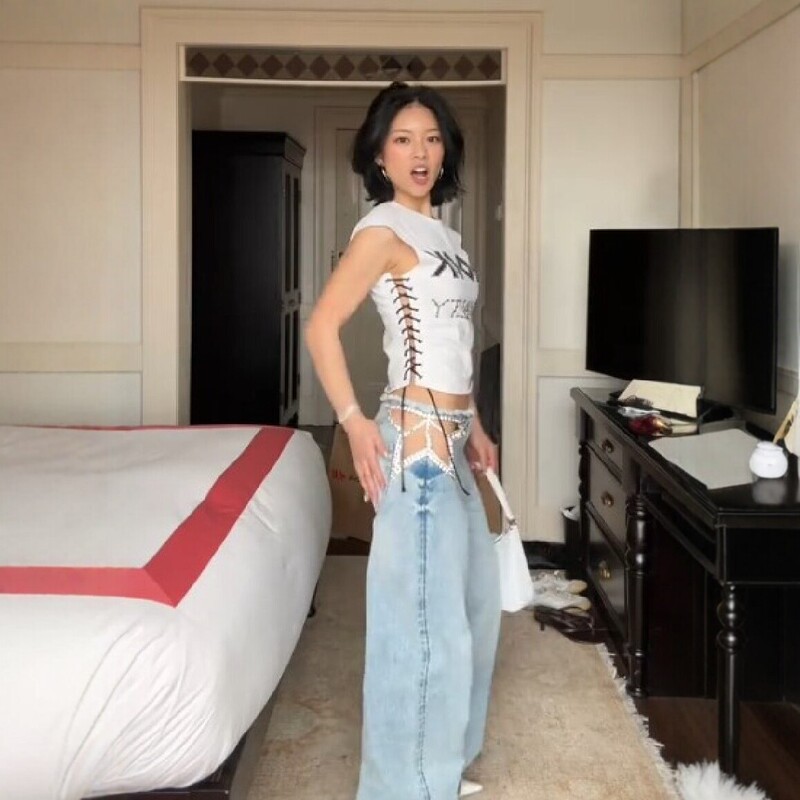 Cross-border European and American style star-patterned hollow-out rhinestone jeans for women, new summer design with a spicy vibe, floor-length wide-leg pants