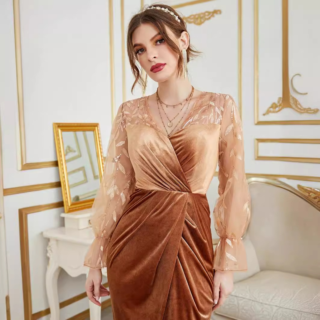 Vestido de noche estilo europeo y americano, nuevo modelo con elegancia socialité, escote en V profundo, vestido largo ajustado, fabricante de eBay, dropshipping disponible.