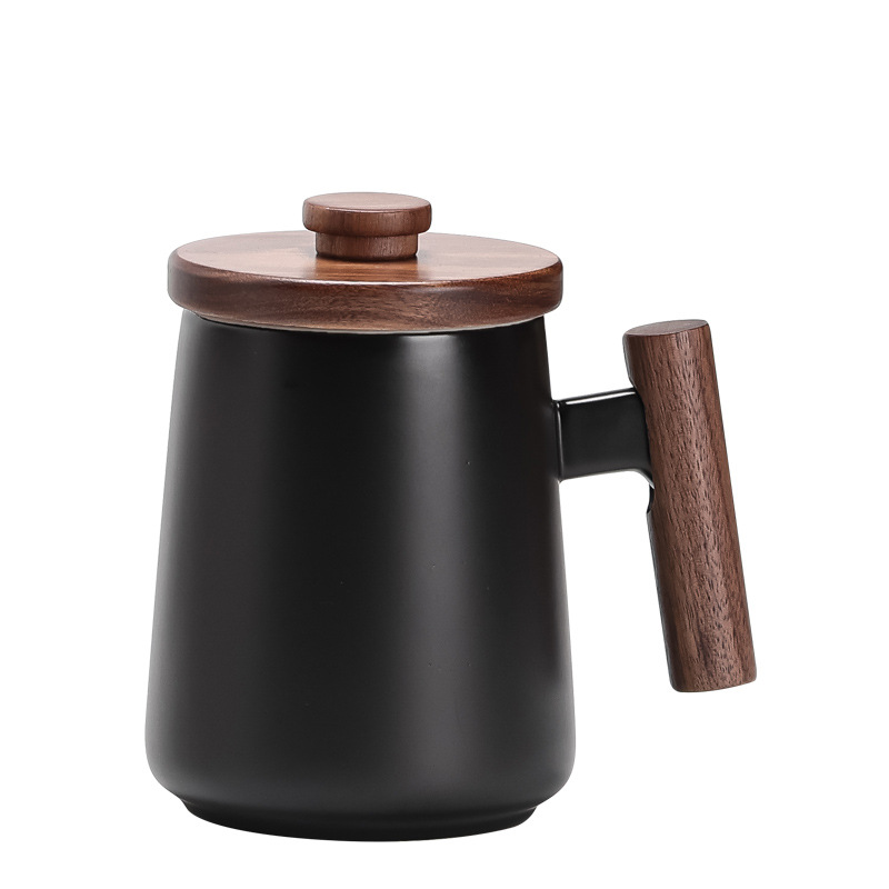 Mango de madera taza de cerámica taza de café taza de agua taza con cubierta de acero inoxidable logos grabados