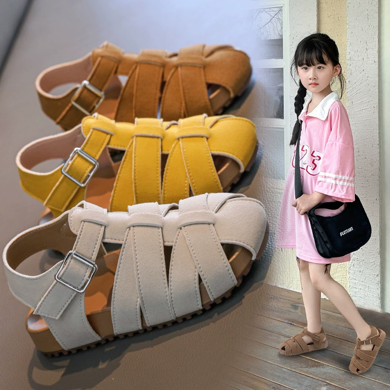 Детские сандалии Birkenstock для девочек, летние 2025, с открытым носком, мягкая подошва на липучке, пляжная обувь для маленьких девочек