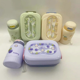 Hot Selling Plastic Compartmented Double-Layer Lunch Box with Fork and Spoon for Students to Bring Rice, Cute Cartoon Lunch Box and Water Cup Set Wholesale