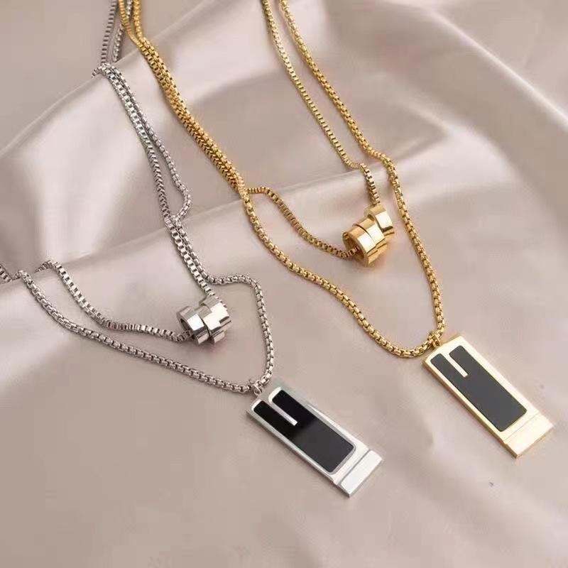 Unisex Titanium Steel Necklace With Double Square Pendant Jewelry_voghion.com