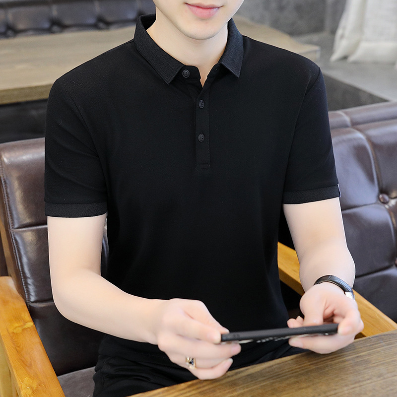 Foreign trade men's summer lapel pullover short-sleeved T-shirt trendy youth Korean slim men's solid color personalized top