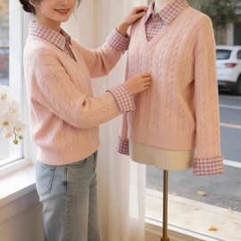 韩系甜美假两件粉色格子拼接麻花毛衣女冬季慵懒宽松套头针织衫潮