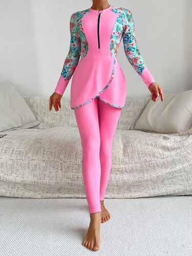 2025 New European and American Color-Block Long-Sleeved Plus-Size Swimsuit Women's Two-Piece Beach Surfing Sports Swim Trunks—Foreign Trade Swimwear
