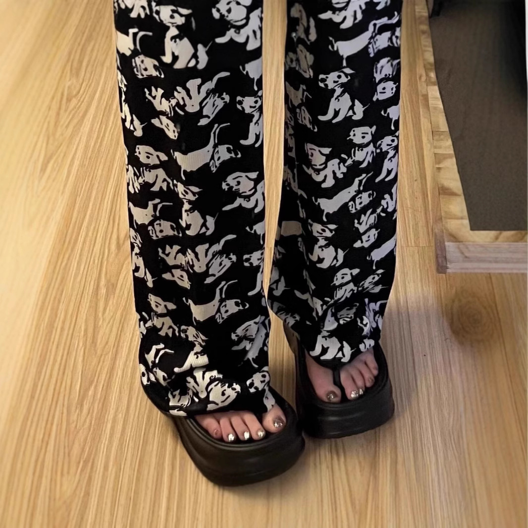 2025 nuevo estilo de seda de hielo lindo cachorro pantalones casuales de pierna ancha pijama primavera y verano transpirable estilo fino simple y versátil ins