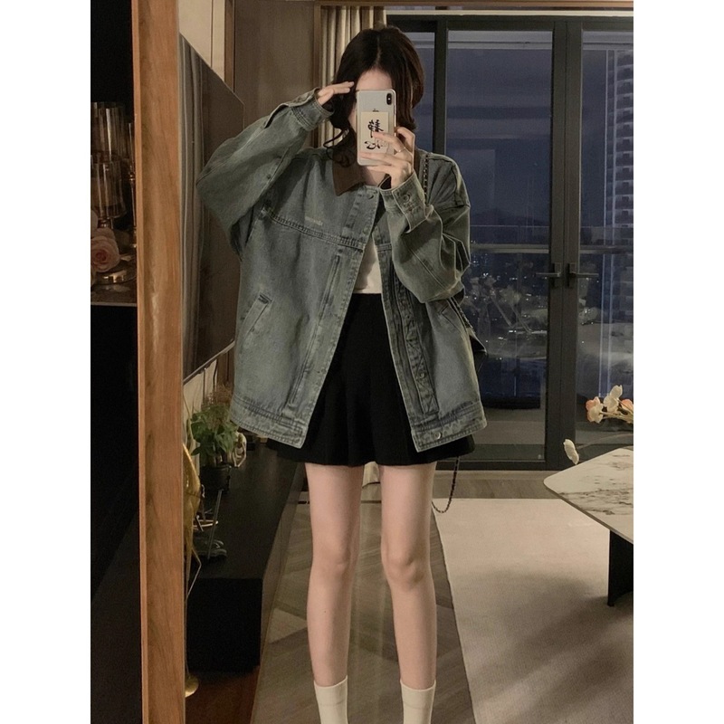 水洗复古美式做旧蓝牛仔外套女高街潮流宽松情侣休闲百搭夹克上衣|undefined