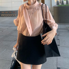 槿一 富家欧尼~韩系一字飘带领系扣粉色气质长袖衬衫女小个子2025