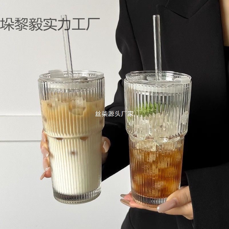 青苹果高颜值冷饮果汁带盖吸管大容量条纹玻璃杯水杯ins