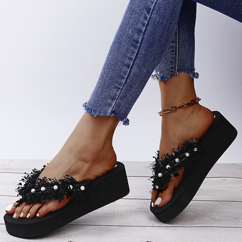 Tassel Open Toe Pearl Flip Flops NSKJX104267